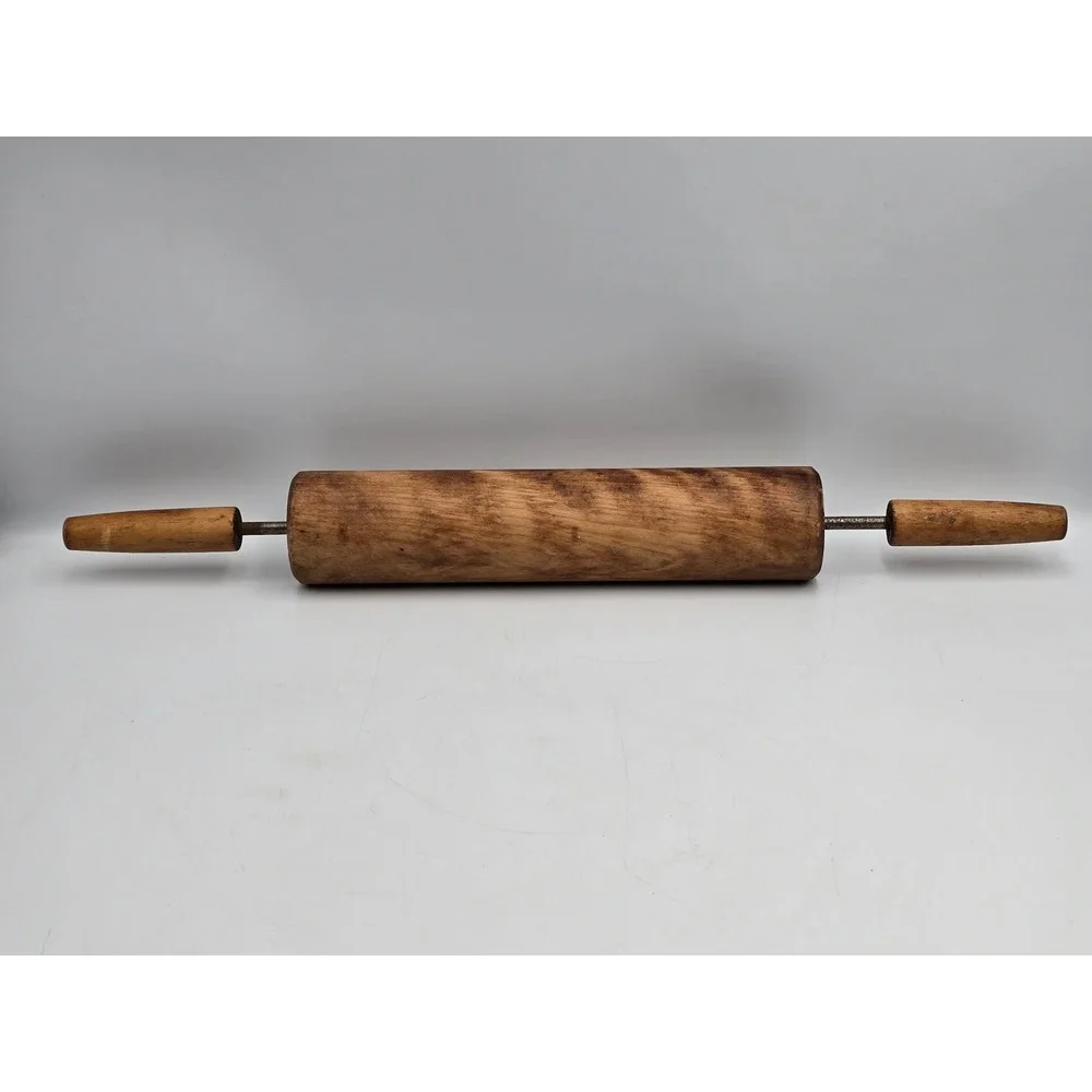 Rolling Pin OS Brown Good Vintage Wood Metal Axle Farmhouse
